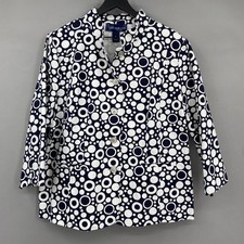 Susan Graver Button Front Jacket Womens XL Navy White Geometric Circle Print Mod