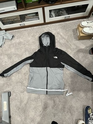 The North Face Men's Black Gray Hooded Colorblock Windbreaker Jacket Zip Logo