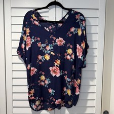 Kaileigh Navy Floral Dolman Sleeve Blouse Size XL Rayon Made in USA
