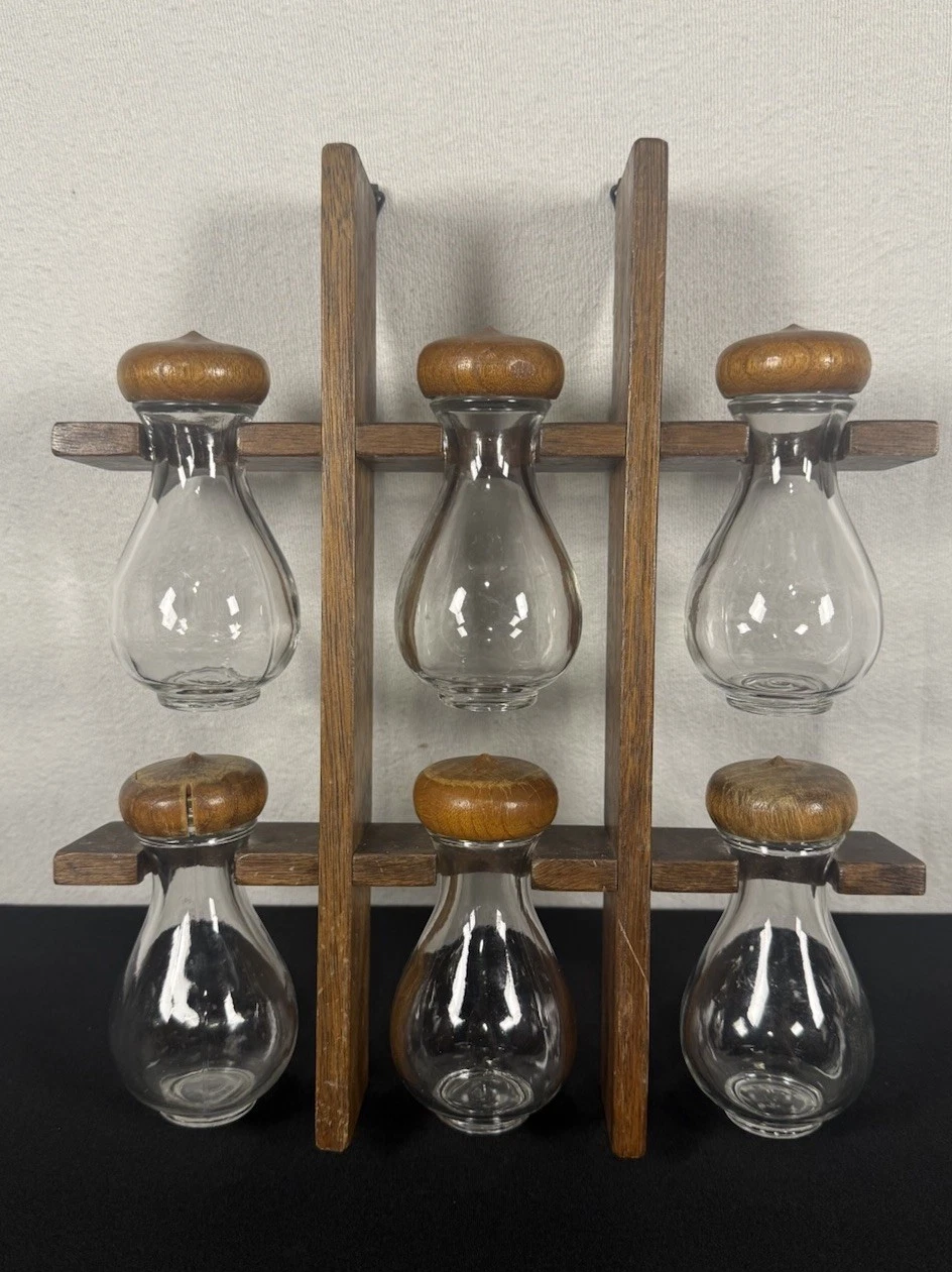 VTG MCM Woodcrest By Styson Japan Wooden Spice Rack & 6 Tear Drop Glass Jars