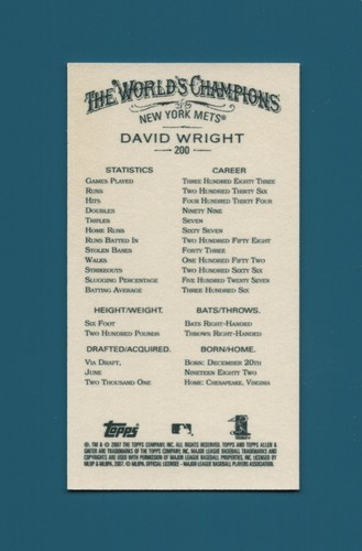 2007 Topps Allen & Ginter Mini #200 David Wright - Picture 2 of 2