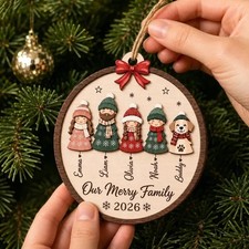 Personalized Family Christmas Ornament Custom Names Wooden Dog Cat Family Gift