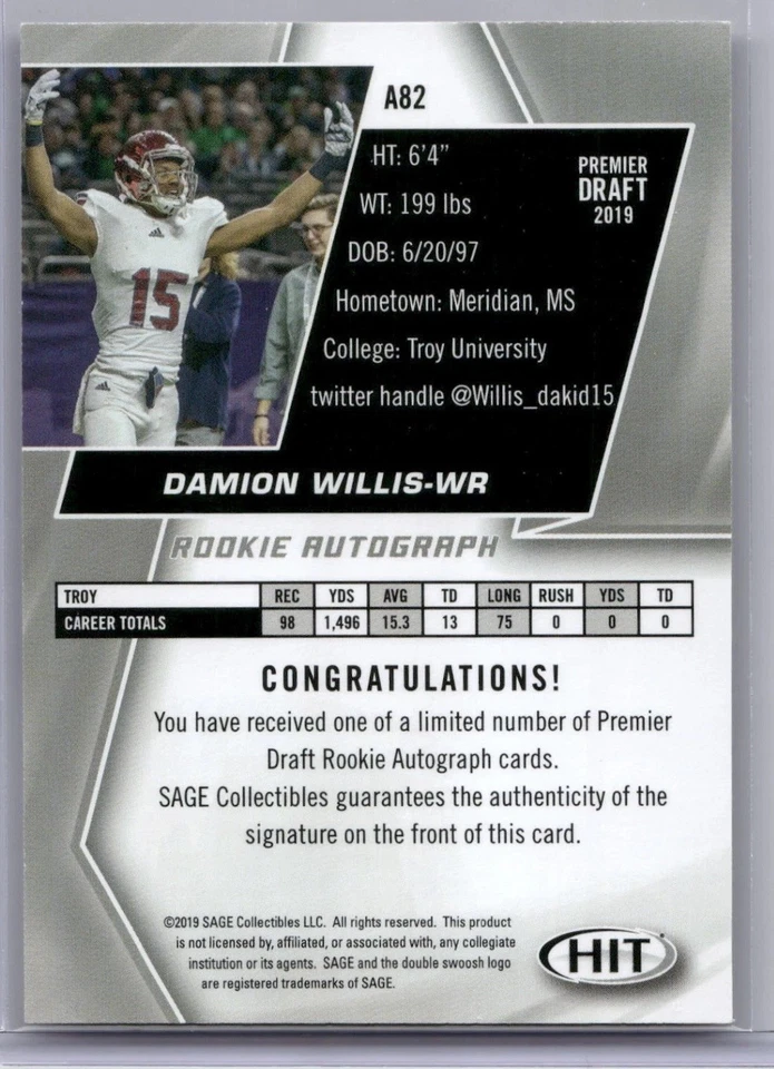 2019 Sage Hit Black Premier Draft Damion Willis Authentic Autograph #A82 - Image 2 of 2