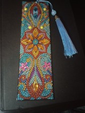 Handmade Diamond Painting Bookmark Blue Tassel Floral Mandala Rhinestone 7.75"