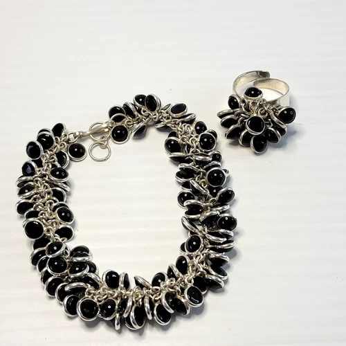 Vintage Black Onyx Cha-Cha Cluster Bracelet & Ring Set in 925 Sterling Silver