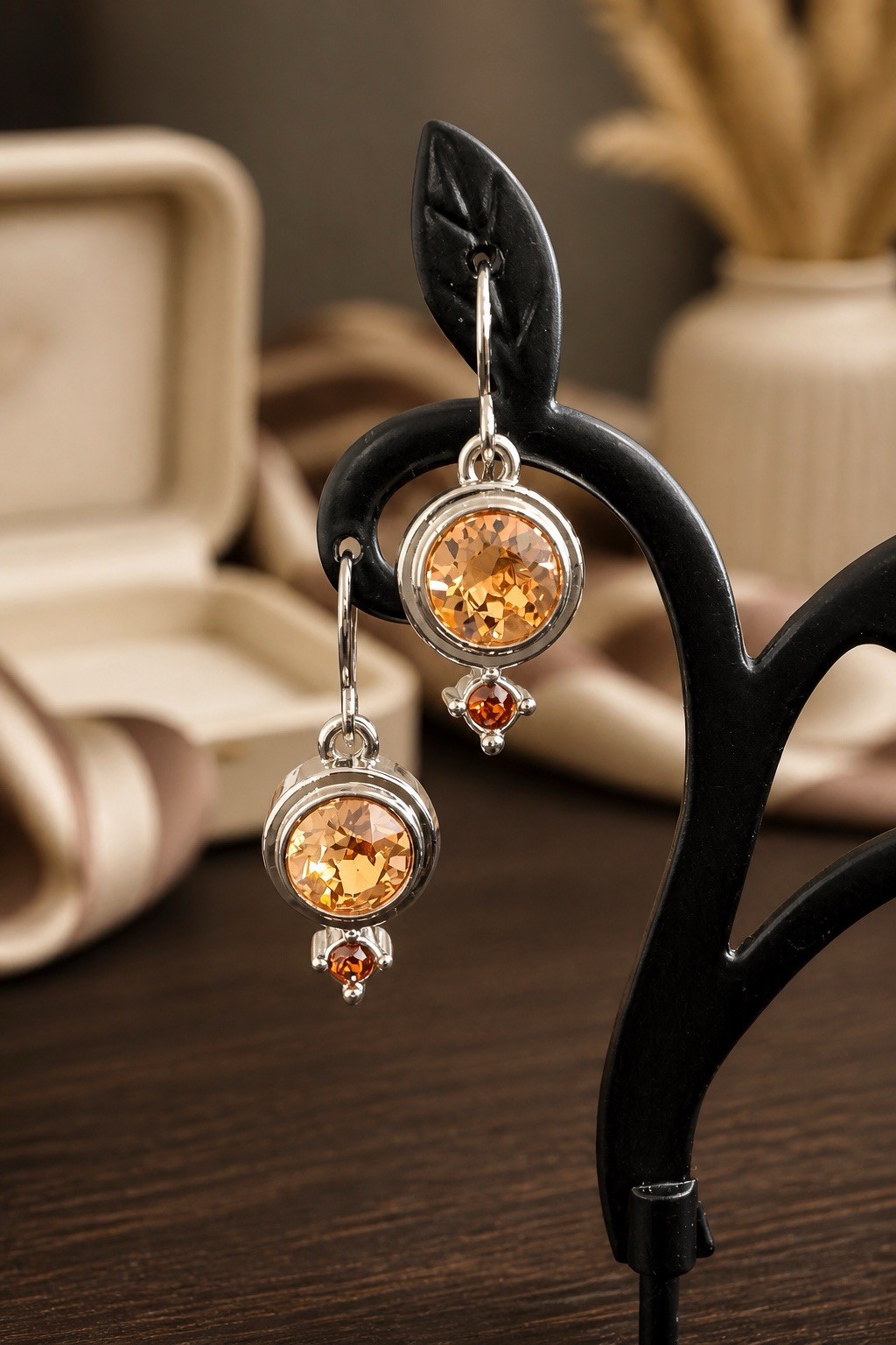 Touchstone Crystal By Swarovski Dangle Earrings - Light Topaz Champagne Silver