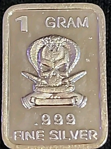 1 Gram .999 Fine Silver Art Bar Ingot. Skull & Knife. Fun Way Dip Into Investing