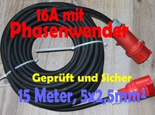 Starkstrom Verlängerungskabel 5x2,5mm² 15 Meter, Kupplung mit Phasenwender 16A
