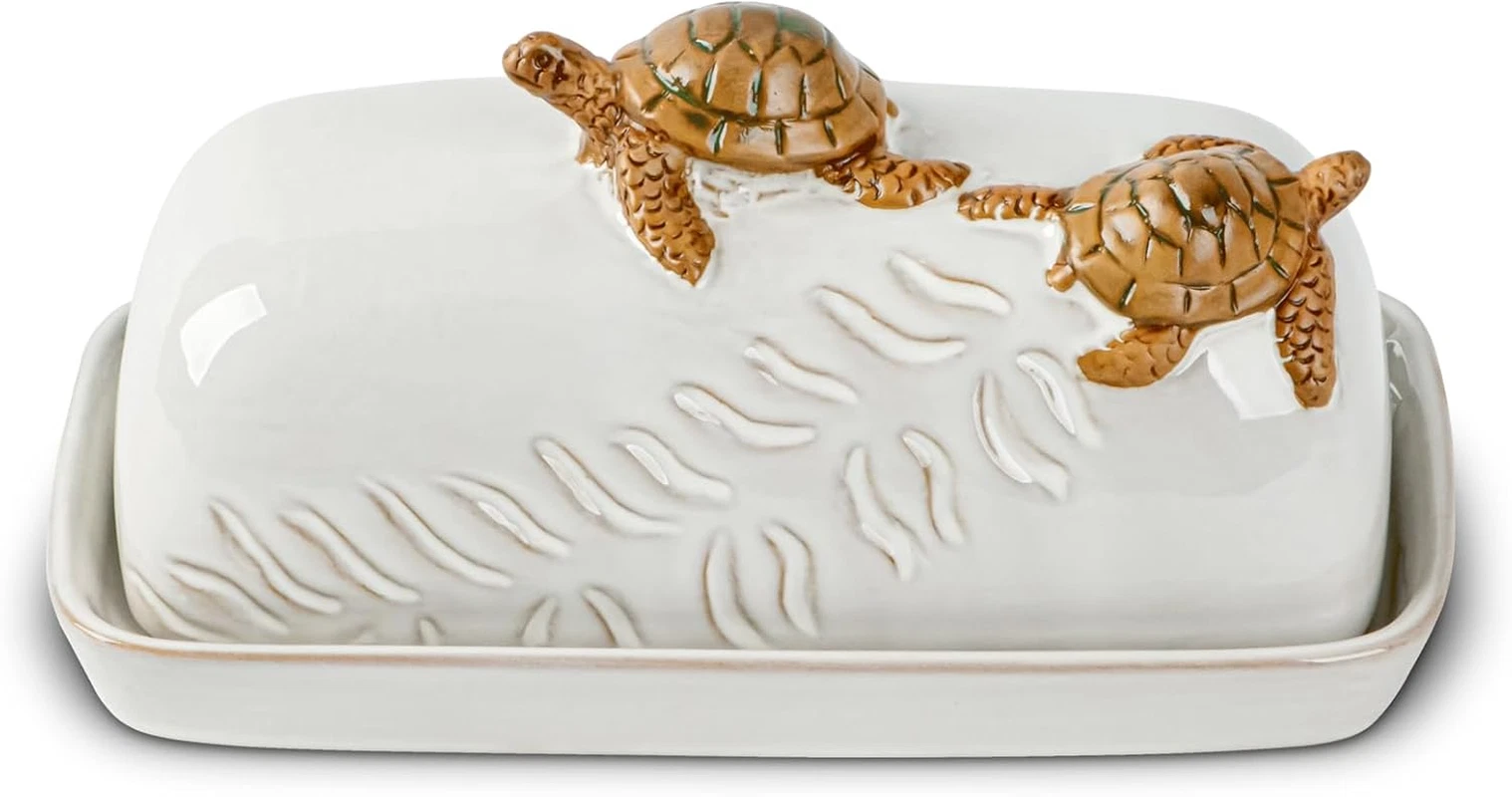 Turtle Stylish Ceramic Butter Dish Covered with Lid and Handle - Modern Countert
