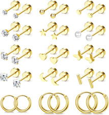 Small Hypoallergenic Flat Back Stud Earrings for Women Men 14K Gold Plated Surgi