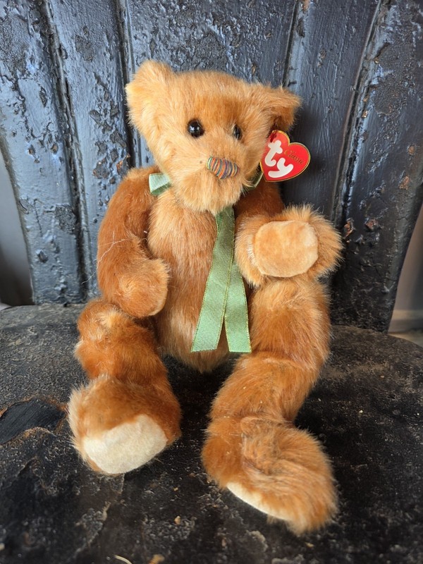 Ty Classic Brown Teddy Bear Plush w/ Green Ribbon Beanie 1998 MPN 4150