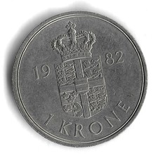 1982 Denmark 1 Krone World Coin - Mintage 5,011,000 - KM# 862