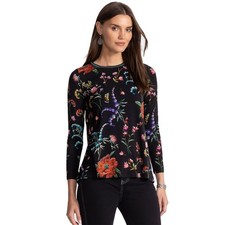 Johnny Was Janie Favorite Mayra Schiffli Long Crew Swing Tee Shirt Black Top NEW