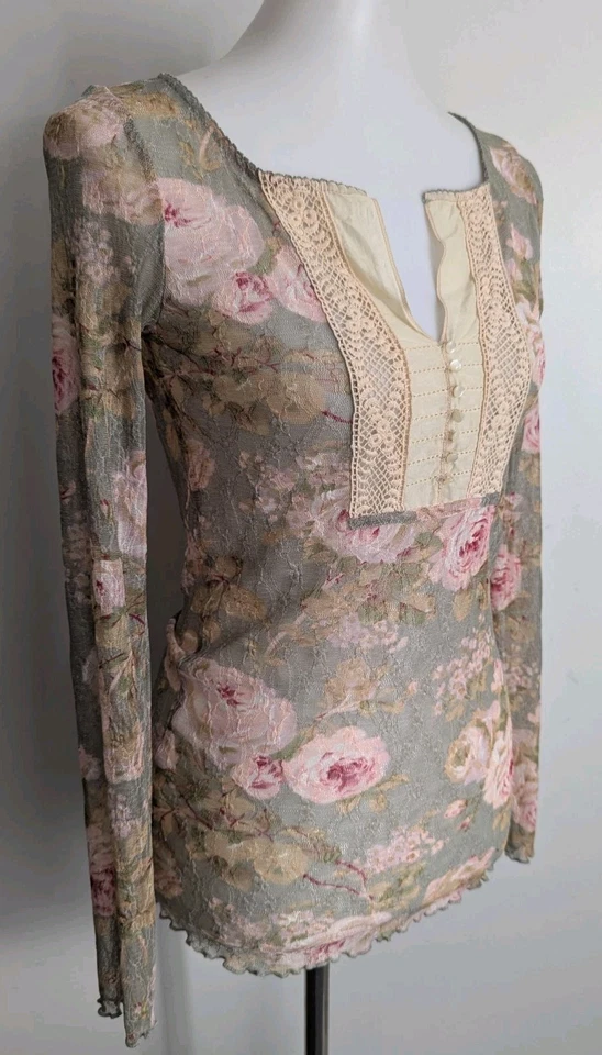 Ralph Lauren Denim Supply Top de Encaje Transparente Crochet Babero Henley Romántico Floral M  Foto 4 de 4