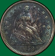 1858 Incredible Toning Seated Liberty Half Dime Choice Almost Uncirculated AU+