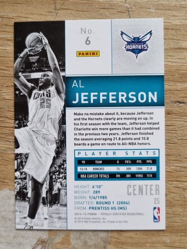 2014-15 Panini Totally Certified #6 Al Jefferson - Hornets - Picture 2 of 2