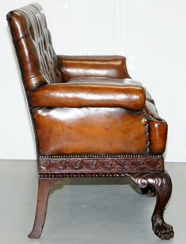 VICTORIAN GEORGIAN IRISH BROWN LEATHER CHESTERFIELD SOFA LION HAIRY PAW FEET - Picture 11 of 12