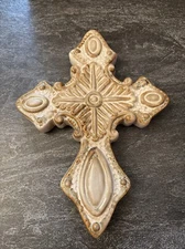 Neutral Tan White HANGING WALL CROSS Ceramic/Stoneware Scroll Christianity #DD