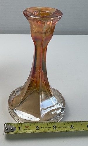 Carnival Glass Candlestick Holders Pair Marigold To Orange Ombré Effect Flaws - Picture 5 of 10