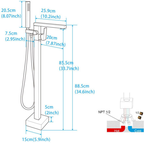 Tub Filler Freestanding Bathtub Faucet Floor Mounted Bathroom with Hand Shower - Picture 32 of 132