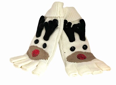 Christmas Reindeer Warm Stretchy Knit Fingerless Gloves, One Size Fits -Rudolph