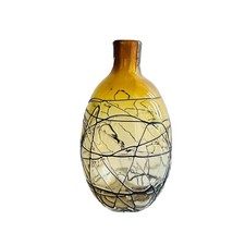 Vintage Hand-Blown Art Glass Amber with Black Swirl Floral Vase