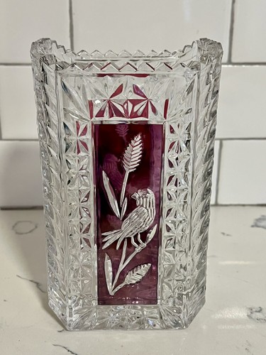 Vintage Hofbauer Byrdes Vase roter Vogel Bleikristall rechteckig graviert - Bild 3 von 10