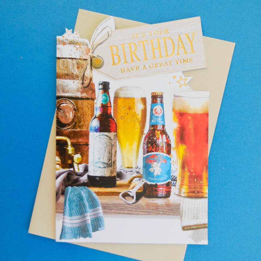 Birthday Card Beer Bottle Man Men Lad Male Friend Cheers Open Greeting 19x13cm