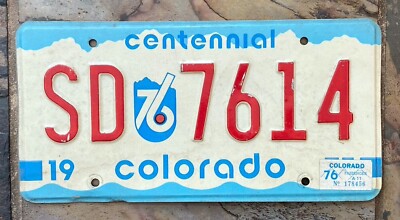 Vintage 1976 COLORADO Centennial License Plate - SD 7614 - Blue