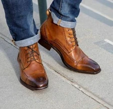 Handmade Men Tan brown wing tip brogue ankle high lace up boots, Men ankle boots