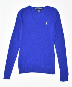 Ralph Lauren Da Donna Scollo A V Maglione Pullover UK 10 SMALL BLU LANA  MERINO FP07 | eBay