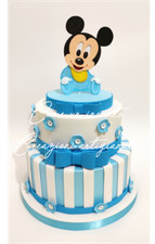 Torta scenografica finta nascita topolino fiori azzurra battesimo gomma eva 