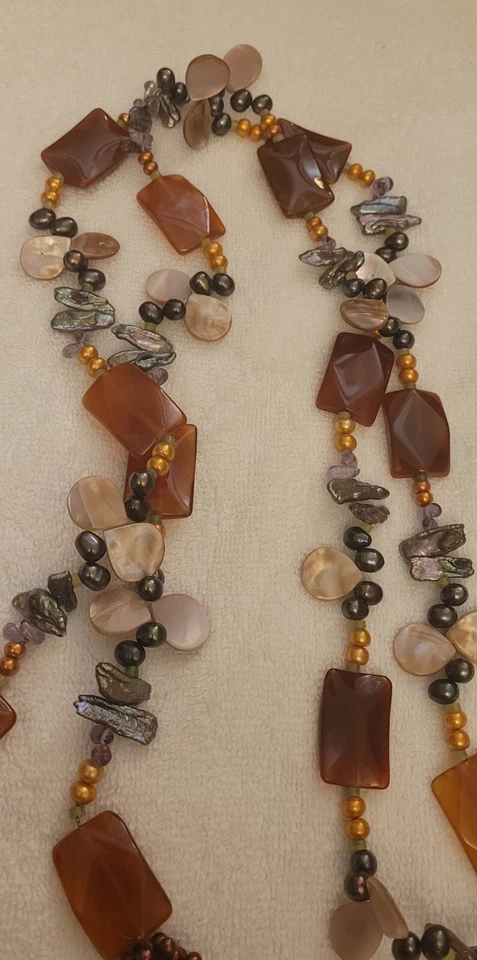 60" Lariat Loaded with Carnelian Tahitian Pearls Amethyst MOP Baroque Pearls. - Image 2 of 4