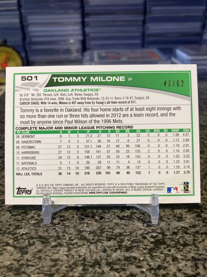 2013 Topps Series 2 #501 Tommy Milone Rare Black Border Parallel SSP /62 A’s!!! - Image 2 of 2