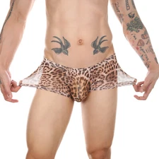 Men's Sheer Leopard Boxer Briefs Erotic Mesh Pouch Thongs Underwear Panties Male