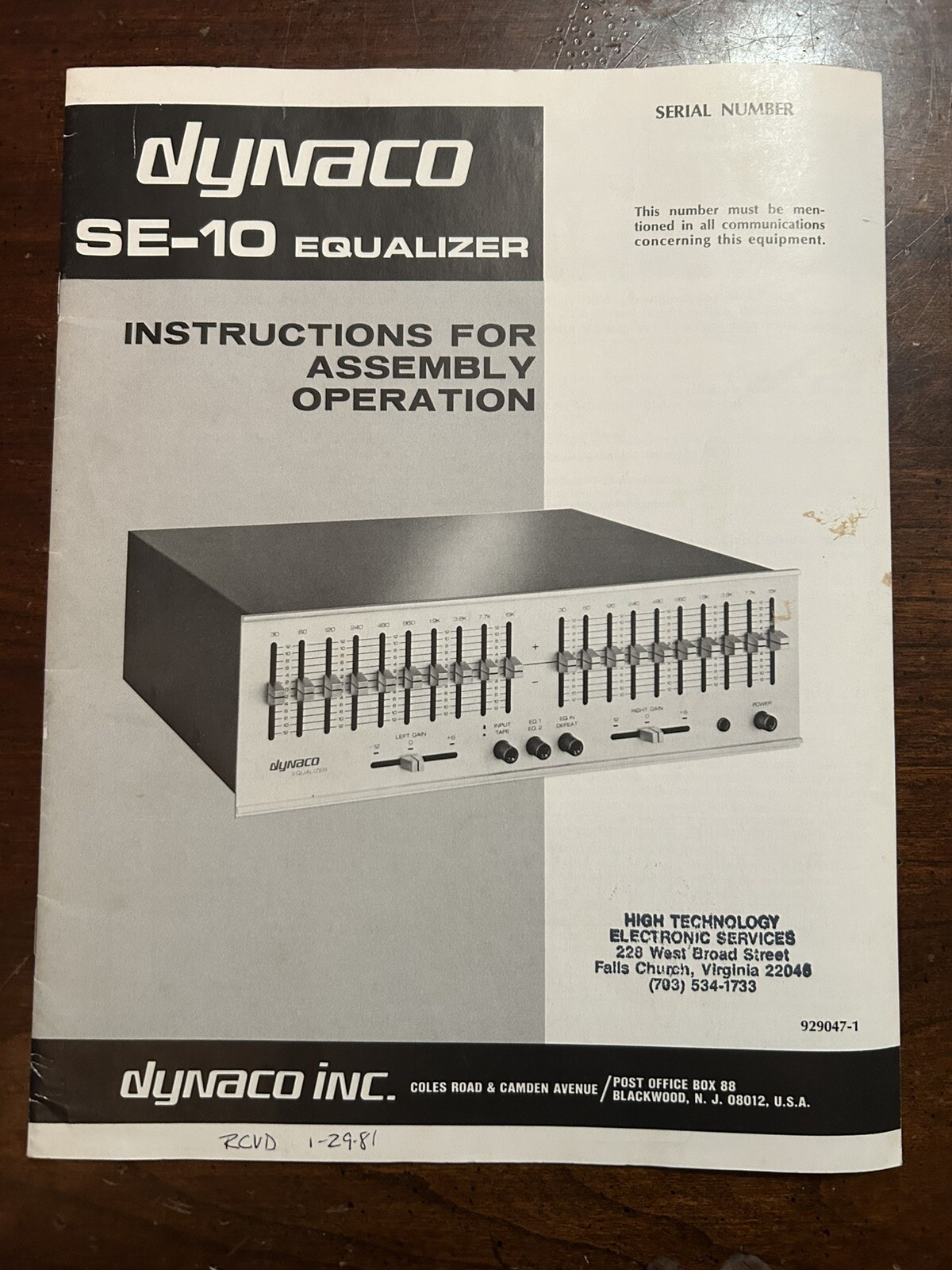 Dynaco Inc. SE-10 Equalizer Instructions Assembly Original OEM Vintage
