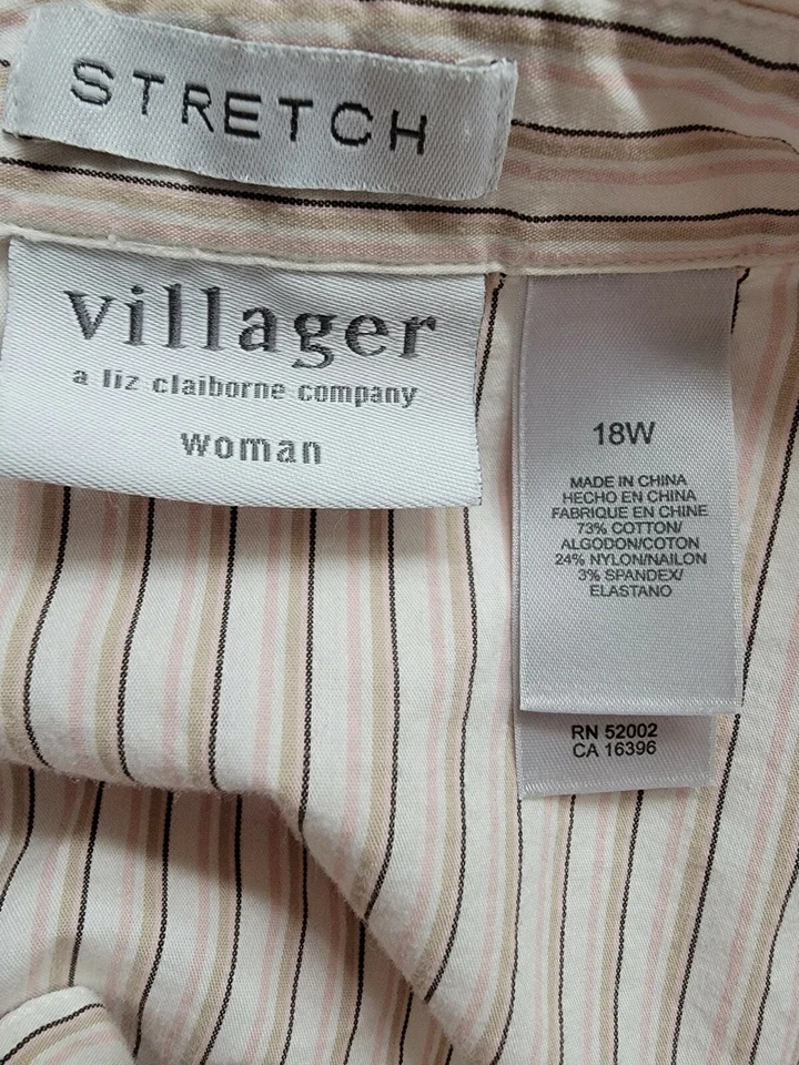 Blusa Top Villager Liz Claiborne Mujer Talla 18W Marrón Blanco Negro Rayas Foto 2 de 4