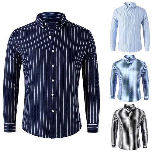 Men's Dress Shirts Long Sleeves Formal Business Striped Casual Slim Shirts Tops - Picture 1 of 22