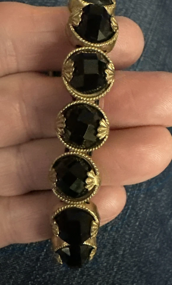 Vintage Victorian Stretch Bracelet Black Onyx Round Beads Brass Faceted - Image 2 of 4