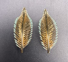 Gold Tone Feather Leaf Clip On Earrings Vintage Blue Enamel Tip