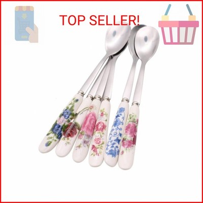 6 Pack Stainless Steel Coffee Spoon Ceramic Handle Teaspoon Sugar Ice Cream Dese