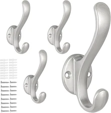 4 Pack Coat Hooks Wall Mount Heavy Duty Utility Retro Double Hooks Silver
