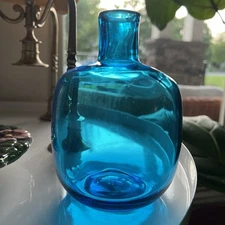 Vintage 1960’s Blenko Glass Turquoise Blue Bud Vase Candle Holder 6424 5 1/2 in
