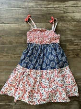 TOMMY BAHAMA Girls Sz 7 Red White Blue Tiered Sundress Patchwork Cottage Floral