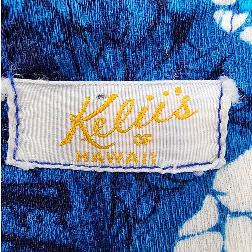Camisa masculina vintage anos 50 Kelii's of Hawaii M azul branca pano de casca algodão havaiano - Imagem 4 de 4