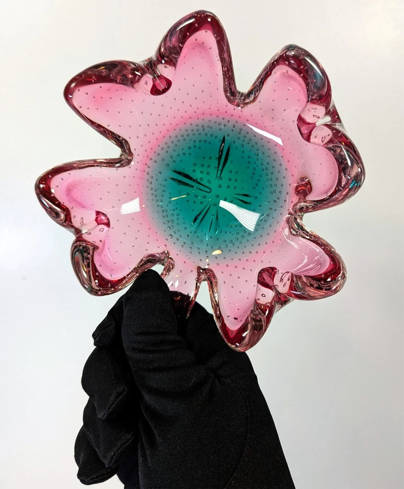 PINK Lucky 4 Leaf Clover Shamrock MURANO italian ART GLASS Bowl Dish bullicante - Image 3 of 4