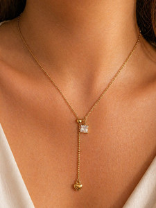Authentic Gold Lariat Zircon Necklace Heart Drop Stainless Steel 18K Gold Plated Hypoaller