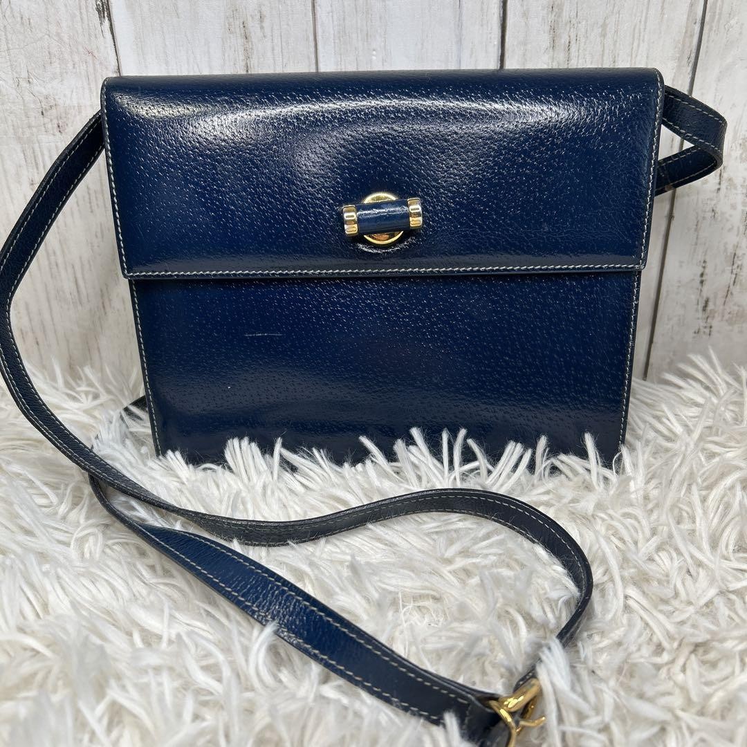 Vintage Gucci Blue Leather Shoulder Bag with Turnlock Closure