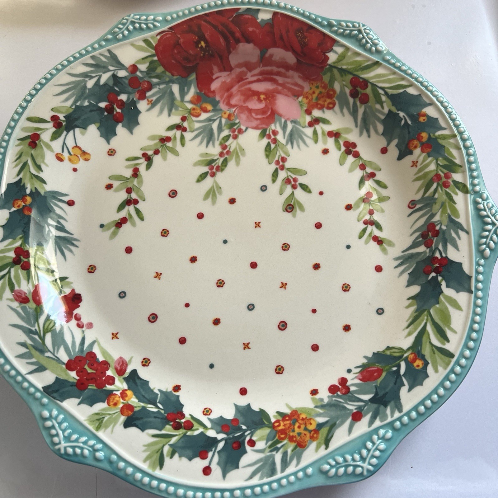 2-Pioneer Woman Cheerful Rose Wreath Red & Aqua Christmas Dinner Plates 11”