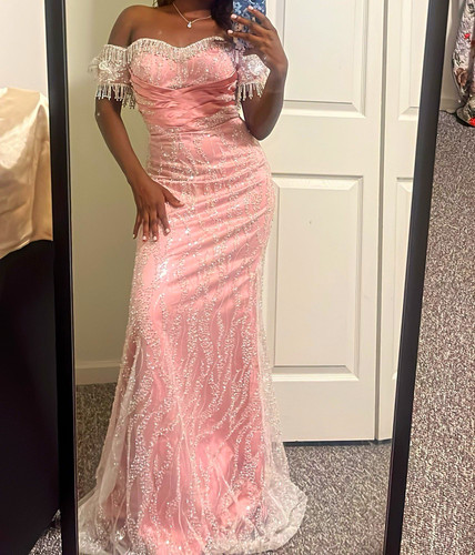 Pink Off-Shoulder Sweetheart Lace Gown Beaded Sequin Fringe Long S